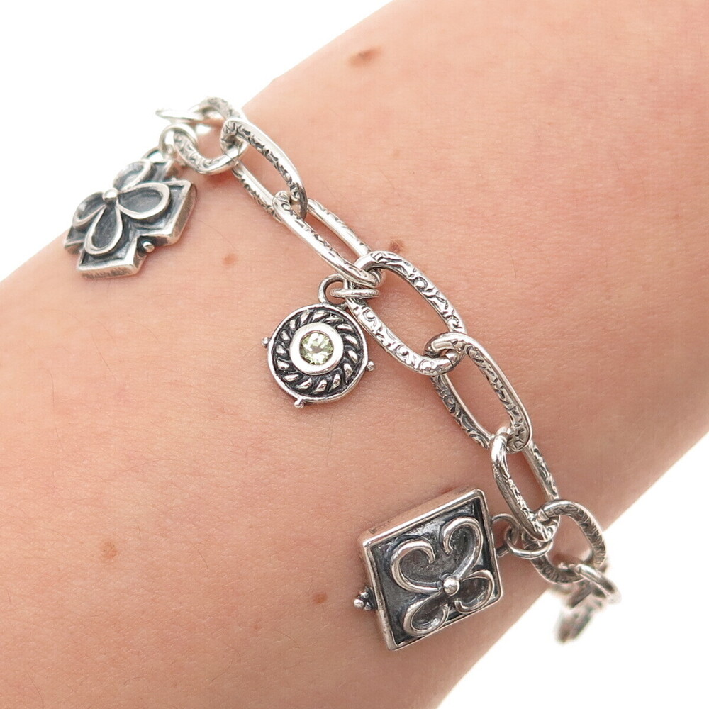 925 Sterling Silver Vintage Real Peridot Cross Floral Charm Oxidized Bracelet 7"